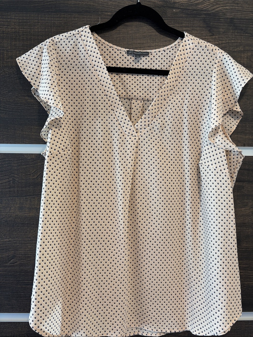 Adrianna Papell Cream Blouse with Black and TanDot Print and Flutter Cap Sleeves
